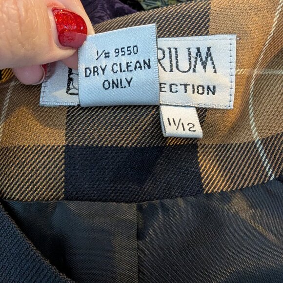 Atrium Collection Brown Navy Plaid Vintage Blazer High Neck Pockets Sz 11/12 - Picture 8 of 9